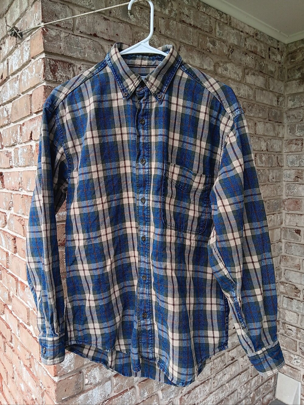 L.L. Bean Blue and Cream Plaid Cotton Denim Button-Down Shirt